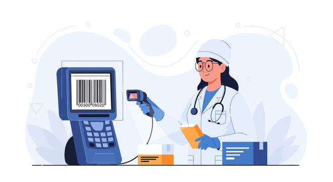 Doctor scanning barcode on medical supplies with scanner and POS machine, healthcare logistics concept