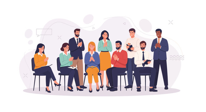 Diverse group of people clapping hands in appreciation, applause, meeting, team success, celebration, vector illustration