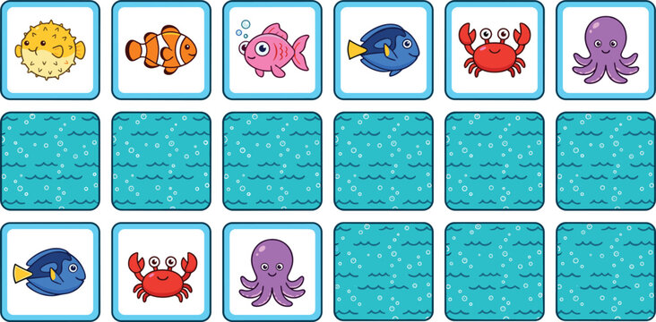 Underwater Animal Memory Card Game Template Featuring Cute Sea Creatures Educational Matching Puzzle for Kids Vector Illustration
