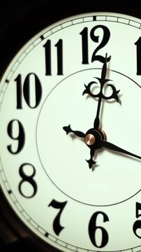 A vertical close-up shows a vintage analog clock face with black hands spinning rapidly as hours fly by. Concept of deadline pressure, urgency, lost time, and history passing.