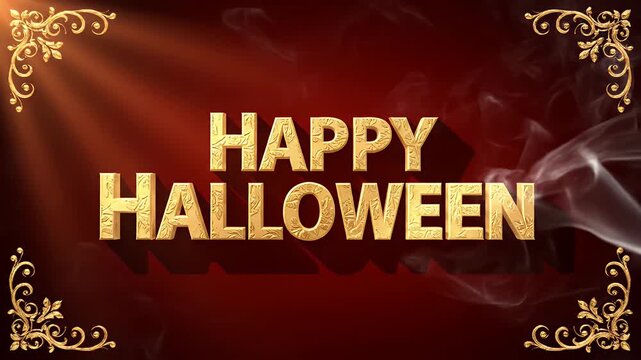 Happy halloween gold text with ornate corners and smoke on a dark red background art