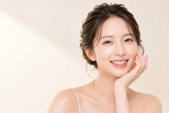 やわらかな光に包まれた明るいベージュ背景でほほえむ若い女性の美容ポートレート。頬に手を添えたナチュラルメイクと透明感のある素肌を印象的に見せた、スキンケア・ビューティー・保湿イメージ