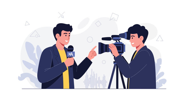 Journalist Reporting Live with Camera Crew: News Broadcast, Interview, and Media Production Concept