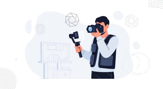 Male Videographer Holding Camera and Gimbal Stabilizer Capturing Content