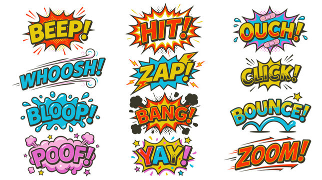 Vibrant comic book sound effect bubbles and graphic icons.