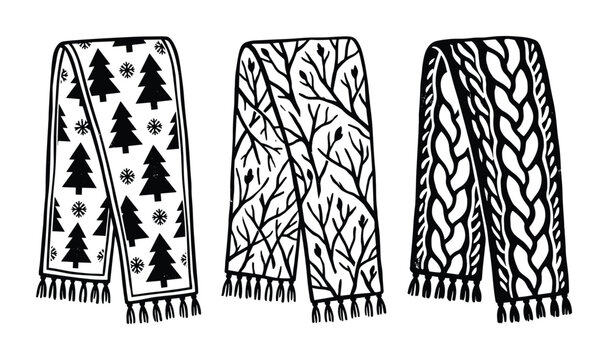 Set of winter scarves with various patterns isolated on transparent