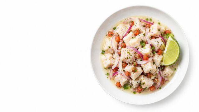 Ceviche panamense di corvina con lime, cipolla rossa ed erbe aromatiche. Generative AI 