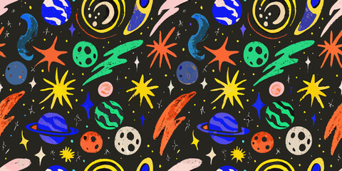 Naklejka premium Colorful Space Pattern With Planets Stars And Comet like Shapes
