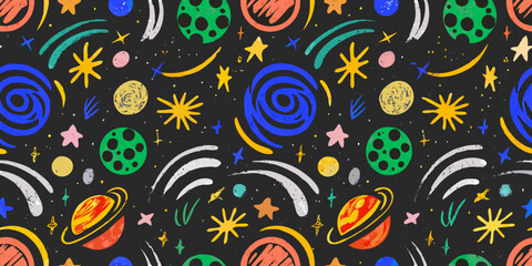 Colorful Space Pattern With Planets Stars And Swirls Vector Illustration © Shahabuddin
