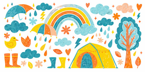 Rainy weather doodle vector set with rainbow tent and duck © Shahabuddin
