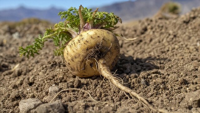 Single root resembling a turnip, freshly pulled from dry soil.