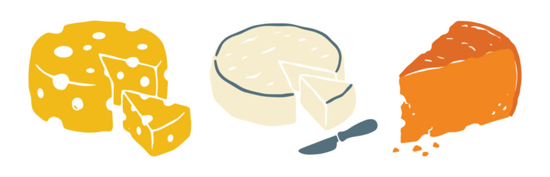 Variety of cheese types with holes and wedges on a background