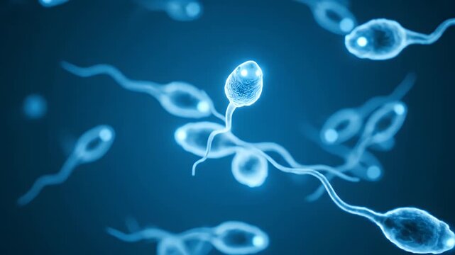 human sperm cells swimming in a blue microscopic environment for reproduction concept
