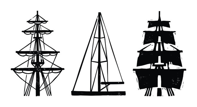 Three different styles of ship masts and sails collection graphics
