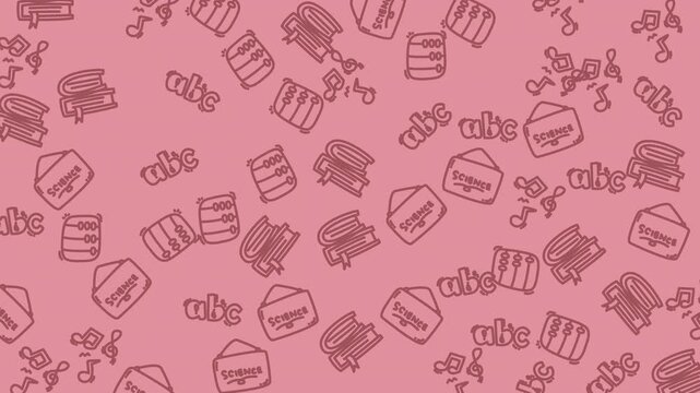 Pink pattern with alphabet letters, music notes, books, envelopes, piano keys. Ideal for musicthemed designs, educational projects, or stationery.