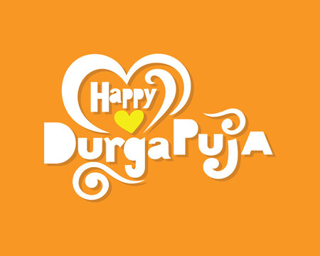 Happy Durga Puja Greeting Typography Design with Heart Shape Vector Illustration on Orange Background