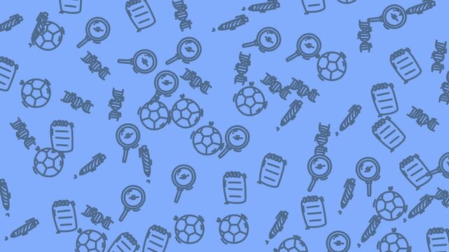 Blue background pattern with soccer balls, magnifying glasses, notebooks, and dna strands. Suitable for sports, science, technology, and education designs.