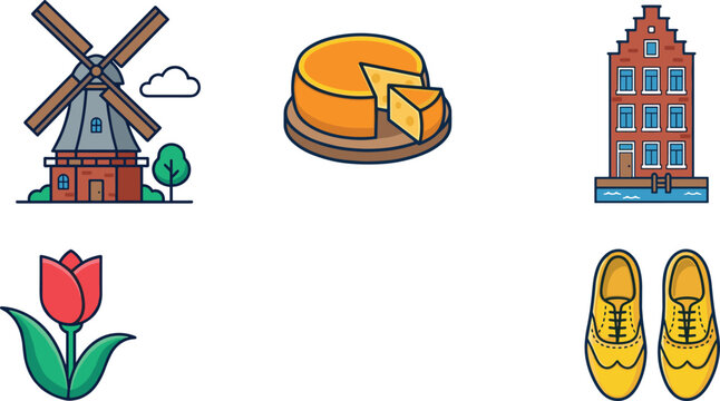 Netherlands Travel and Culture Icon Set Featuring Windmill Gouda Cheese Amsterdam Canal House Red Tulip and Wooden Clogs Vector Illustrations