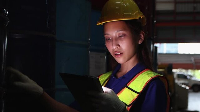 Asian female worker with tablet inspect product in large steel drums at factory during night shift. Engineer woman with helmet and safety vest work in industrial site, check product quality in a dark