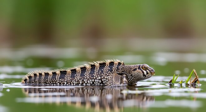 Spotted Mudskipper Swimming Through Shallow Green Wetland Water