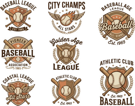 Vintage baseball logos, retro sports badges, athletic club labels, baseball league emblems