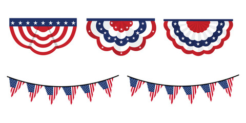 Set of patriotic american bunting and pennant banners for independence day, memorial day, or fourth of july celebration decorations © Yasmin