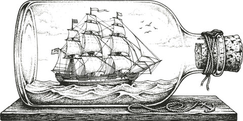 Vintage sailing ship, miniature boat in bottle, nautical illustration, black and white vector © Zunair