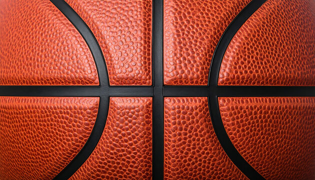 Closeup textured surface of a basketball, showing its dimpled pattern and black seams, representing sports and competition