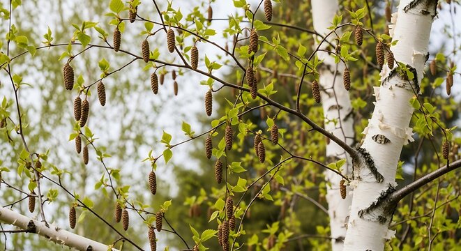 Fresh Green Birch Branches with Catkins Growing in Spring Forest