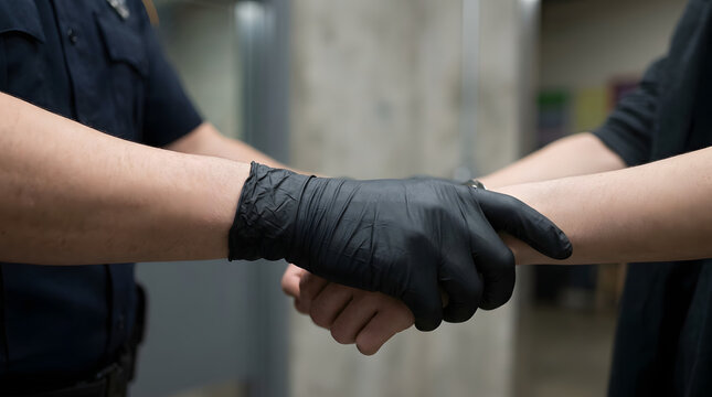 Police officer detaining suspect during arrest wearing black gloves