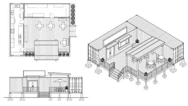 Architectural drawing of a modern shipping container building with floor plan and isometric views, showing interior layout with tables and a counter, and exterior deck with seating