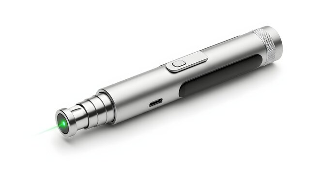 Green laser pointer pen with USB charging port and buttons.