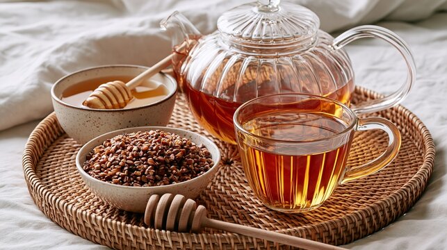 Soba tea in a glass cup, a glass teapot, groats in a bowl, and honey rest on a rattan tray, all on white bed linens.