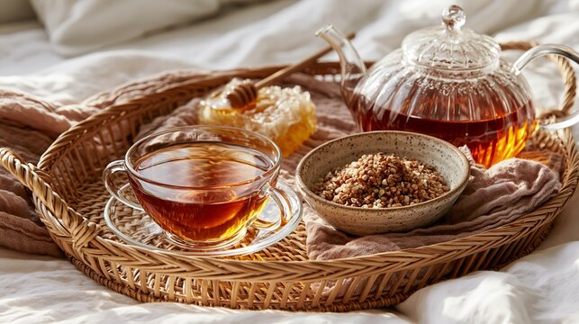 Soba tea in a glass cup, a glass teapot, groats in a bowl, and honey rest on a rattan tray, all on white bed linens.
