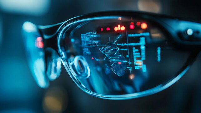 Close-up of smart glasses providing real-time accessibility assistance, inclusive technology concept, realistic stock photography