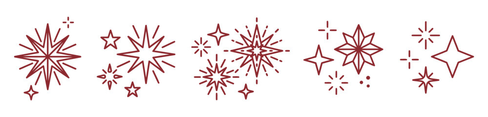 Fototapeta premium Collection of abstract starbursts and glowing light effects in a simple line art style on transparent background