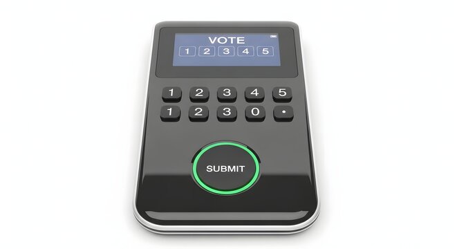 Electronic voting device with digital screen and numeric keypad unit.