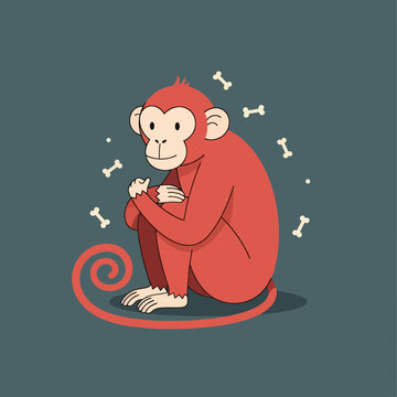 Monkey sitting alone on ground surrounded by dog bones
