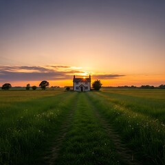 Fototapeta premium Small Rural House Standing at Sunset in Green Meadow Landscape