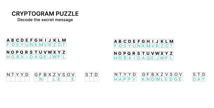A cryptogram puzzle designed for decoding secret messages, showcasing letter substitutions and a playful challenge for puzzle enthusiasts.  