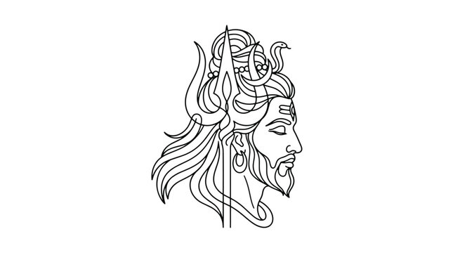 Stylized line art illustration of Lord Shiva's serene face with flowing hair and third eye, representing spirituality