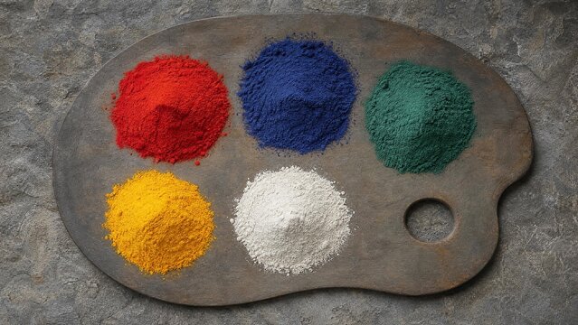 Traditional mineral pigment powders for dancheong arranged on a painter's palette, vibrant colors on textured stone.