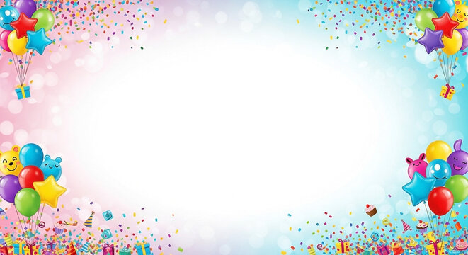 Celebratory border with balloons, confetti, gifts, and treats