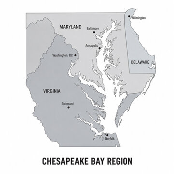 Chesapeake Bay Region United States Map &mdash; Black and White Minimal Vector Illustration with City Labels