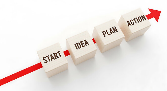 Wooden cubes with words start idea plan action on red arrow path block