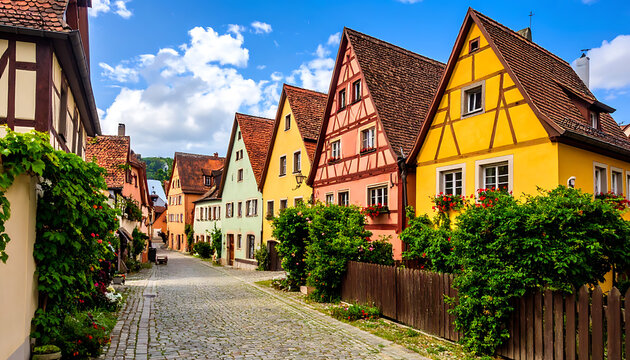 Cobblestone street lined with colorful medieval half-timbered houses and green foliage, a picturesque European town scene with vibrant facades under a blue sky