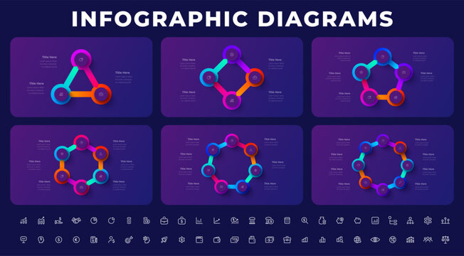Six Circular Workflow Infographic Set with Three to Eight Step Diagrams for Business Presentation on Dark Background