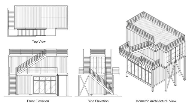 Architectural blueprints and elevations of a modern building design, showcasing its top view, front elevation, side elevation, and isometric architectural view. The design features clean lines.