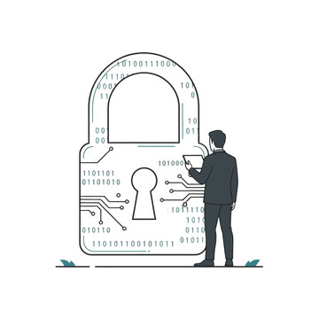 Businessman holding tablet in front of large digital padlock with binary code system.