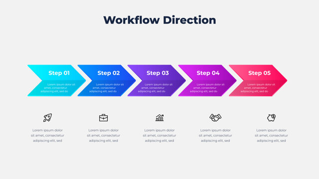 Five Step Chevron Arrow Infographic for Workflow Direction, Process Sequence and Progress Presentation